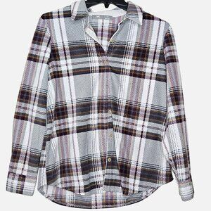Womens cottagecore country Plaid Button-Up Shirt S White Purple Yellow Polyester